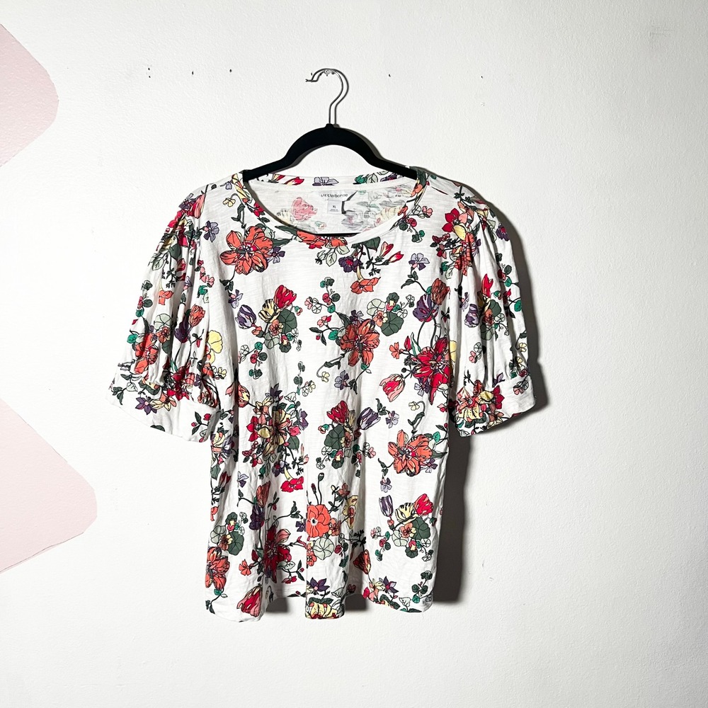 100% Cotton Top Womens XL White Floral Puff Sleeve Cottagecore